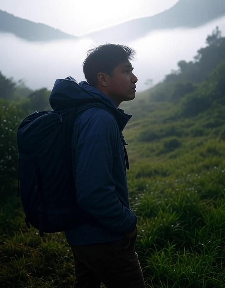 Image of a hiker in a foggy valley, symbolizing SGD navigating a loss landscape